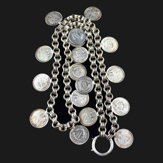 Antique 1869 Silver Watch Chain Coin Fringe Necklace