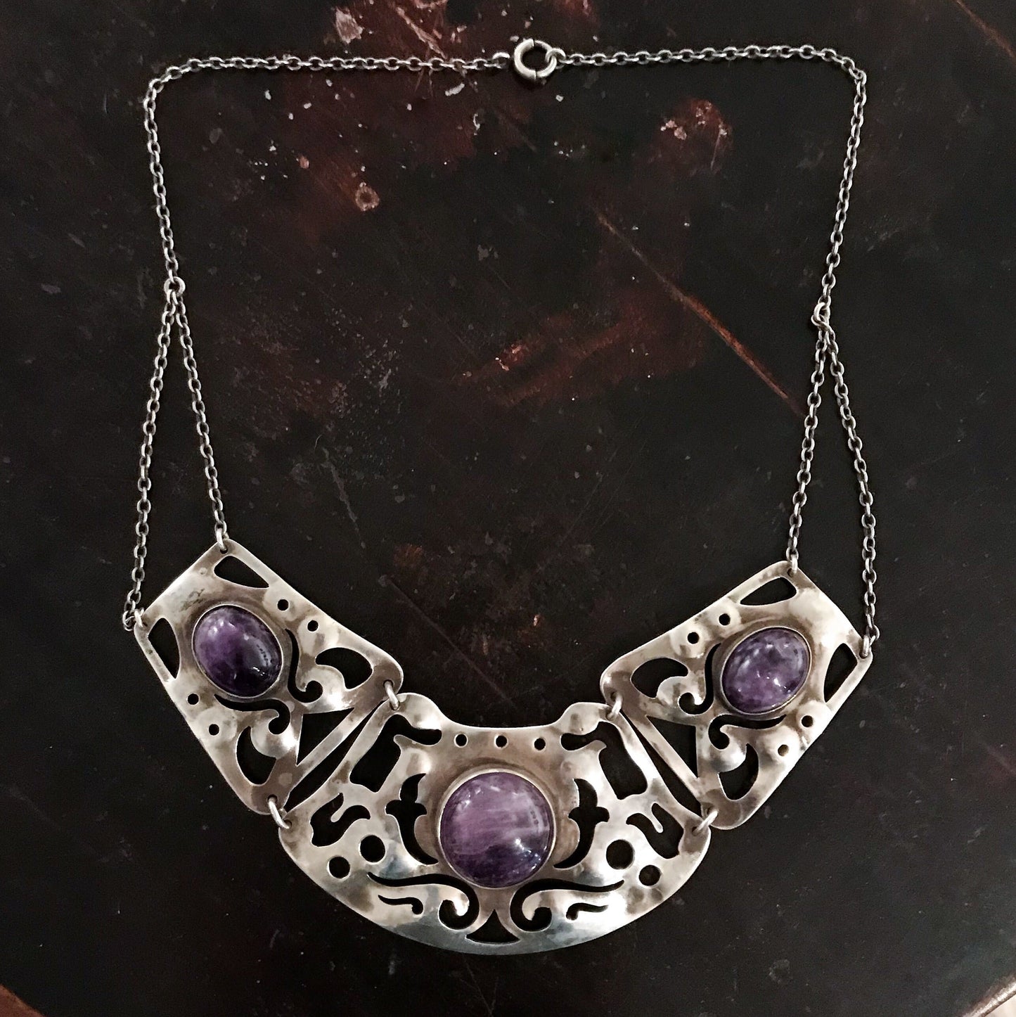 Big Arts and Crafts Amethyst Necklace Sterling c. 1940