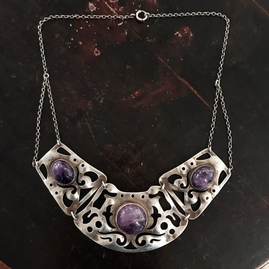 Big Arts and Crafts Amethyst Necklace Sterling c. 1940